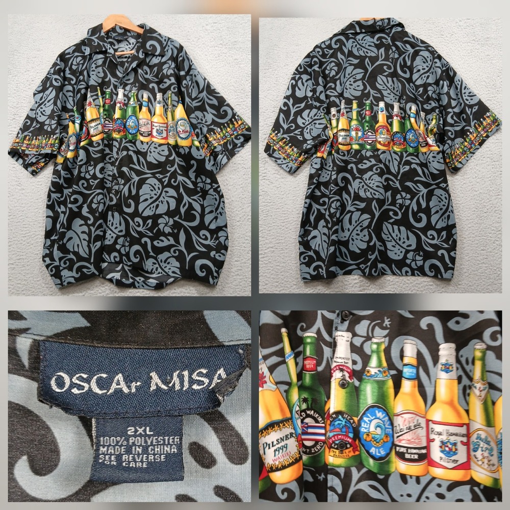 Oscar‎ Misa Hawaiian Shirt Mens 2XL Black Blue Beer Bottles Tropical Polyester